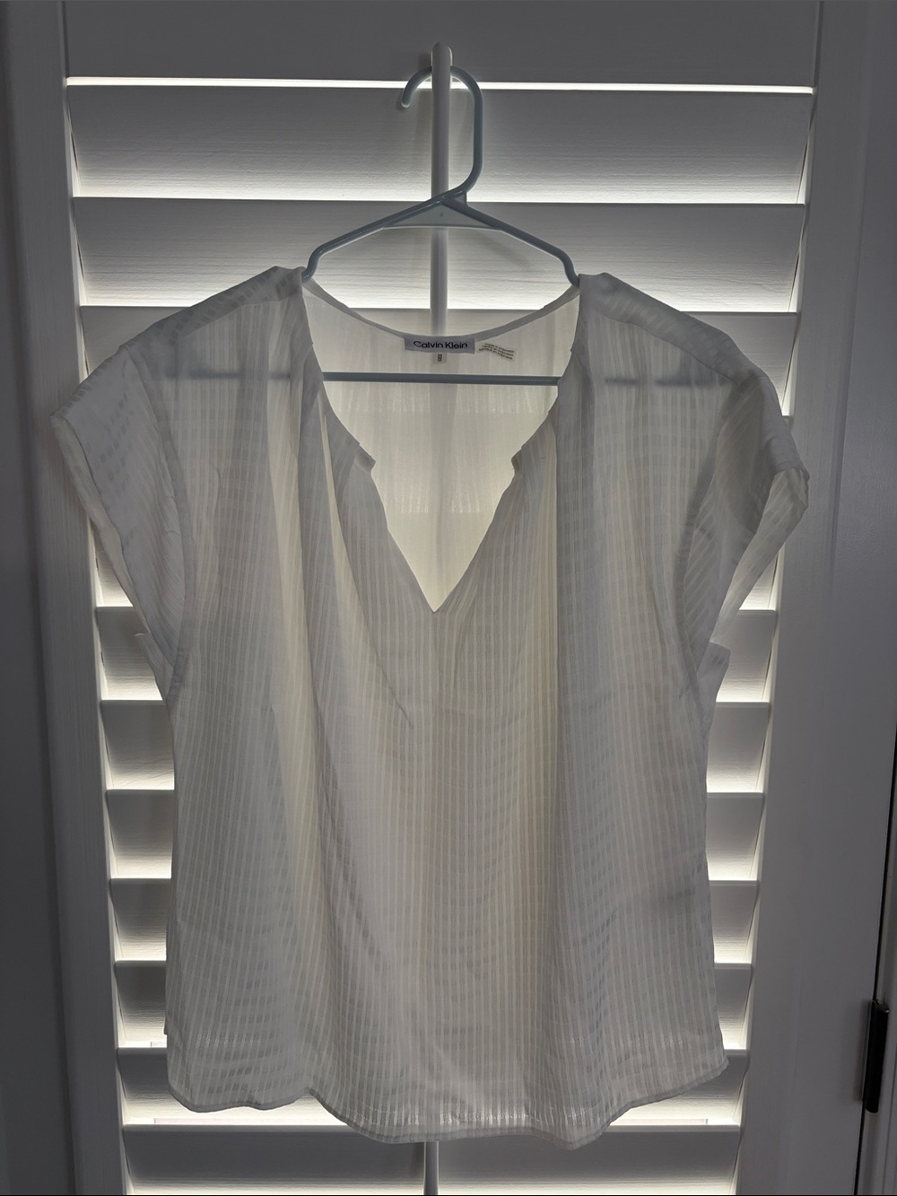 Calvin Klein White Semi-Sheer V-Neck Cap Sleeve Blouse